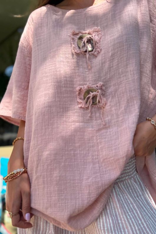 Izi Cheesecloth Button Tee Ballet Blush